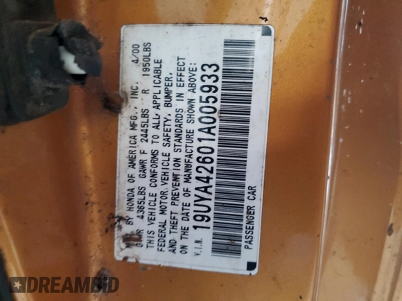 2001 Acura CL Type S z VIN 19UYA42601A005933, wystawiony jako Copart lot #45792435 z przebiegiem Nie podano mil oraz Szkoda całkowita • Salvage title. Historia ofert i sprzedaży dostępna na DreamBid. Obrazek 12.