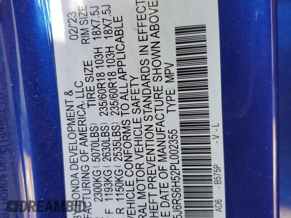 2023 Honda CR-V Sport with VIN 5J6RS6H52PL002355, listed as a Copart auction lot 83225894 with Not Provided miles and Salvage Title. Bid and sale history available at DreamBid. Image 14.