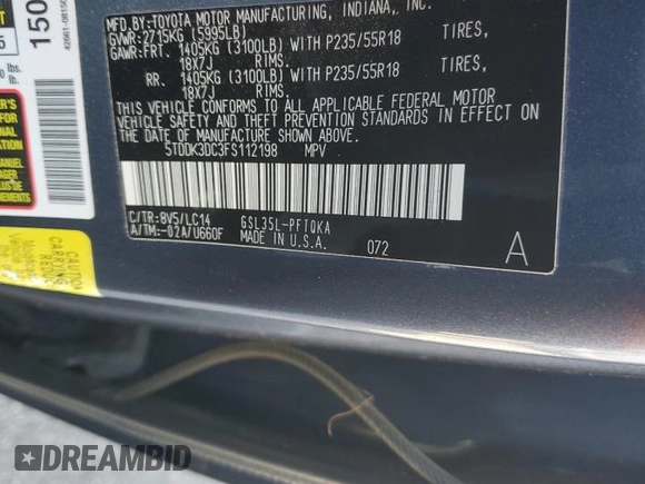 2015 Toyota Sienna Limited with VIN 5TDDK3DC3FS112198, listed as a Copart auction lot 53724195 with 183,244 mi miles and Salvage title. Bid and sale history available at DreamBid. Image 13.
