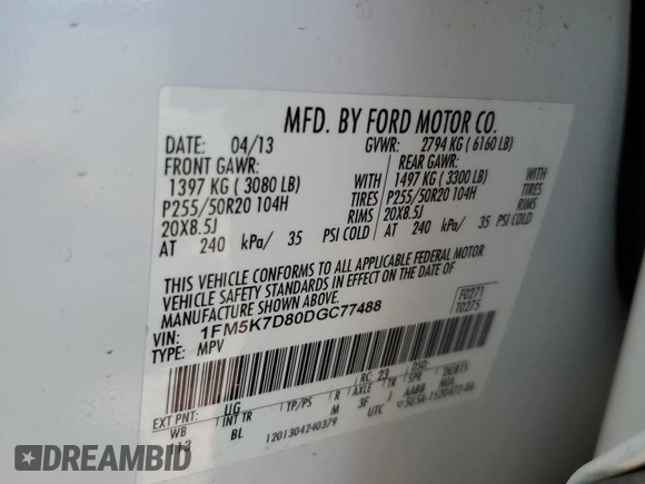 2013 Ford Explorer XLT z VIN 1FM5K7D80DGC77488, wystawiony jako Copart lot #52316265 z przebiegiem 141 611 mil mil oraz Szkoda całkowita • Salvage title. Historia ofert i sprzedaży dostępna na DreamBid. Obrazek 15.