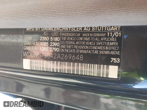 2002 Mercedes-Benz S-Class 4.3L with VIN WDBNG70J42A269648, listed as a IAAI auction lot 41634588 with 141,894 mi miles. Bid and sale history available at carsss.com. Image 9.