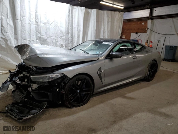 2020 BMW M8 with VIN WBSAE0C05LCD49641, listed as a Copart auction lot 43877355 with 0 mi miles and Salvage Title. Bid and sale history available at carsss.com. Image 1.