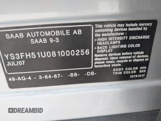 2008 Saab 9-3 z VIN YS3FH51U081000256, wystawiony jako IAAI lot #42098723 z przebiegiem 60 930 mil mil oraz . Historia ofert i sprzedaży dostępna na DreamBid. Obrazek 9.