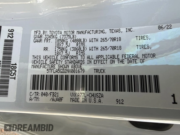 2022 Toyota Tundra SR5 with VIN 5TFLA5GD2NX001679, listed as a Copart auction lot 53191915 with 6,814 mi miles and Salvage title. Bid and sale history available at DreamBid. Image 10.