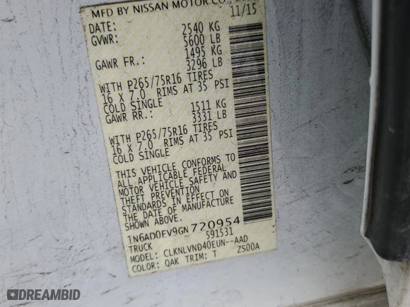 2016 Nissan Frontier SV with VIN 1N6AD0EV9GN720954, listed as a Copart auction lot 51855205 with 0 mi miles and Salvage Title. Bid and sale history available at carsss.com. Image 12.
