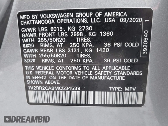 2021 Volkswagen Atlas SE with VIN 1V2RR2CA8MC534539, listed as a IAAI auction lot 42085193 with 43,390 mi miles and . Bid and sale history available at DreamBid. Image 9.