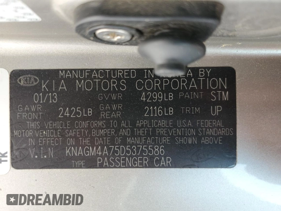2013 Kia Optima LX with VIN KNAGM4A75D5375586, listed as a Copart auction lot 53297705 with Not Provided miles and Salvage Title. Bid and sale history available at carsss.com. Image 12.