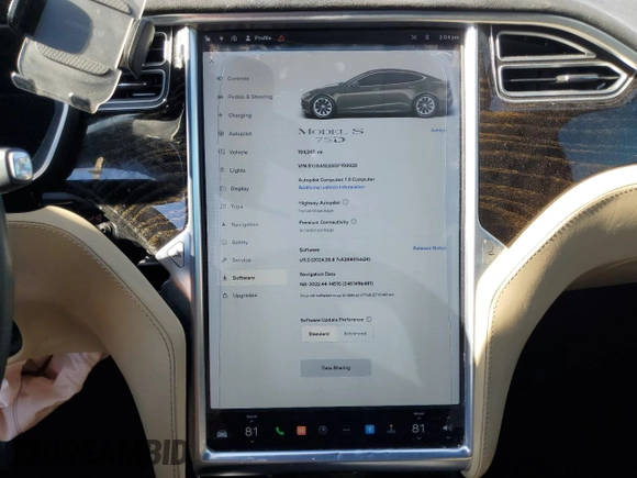2016 Tesla Model S 90D with VIN 5YJSA1E20GF159926, listed as a Copart auction lot 46626625 with 104,247 mi miles and Salvage Title. Bid and sale history available at DreamBid. Image 9.