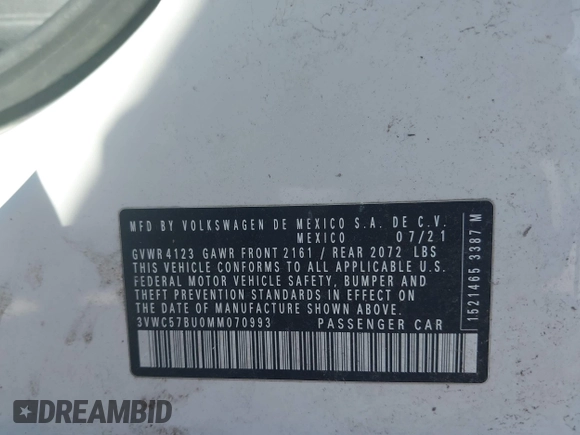 2021 Volkswagen Jetta S z VIN 3VWC57BU0MM070993, wystawiony jako IAAI lot #41650935 z przebiegiem 58 683 mil mil oraz . Historia ofert i sprzedaży dostępna na DreamBid. Obrazek 9.