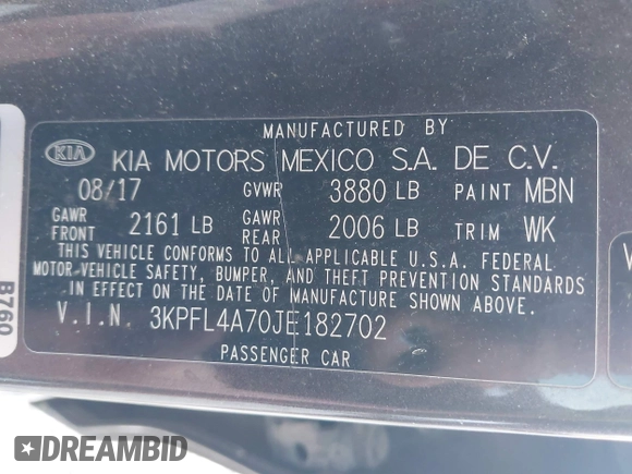 2018 Kia Forte LX with VIN 3KPFL4A70JE182702, listed as a IAAI auction lot 42043345 with 105,451 mi miles and . Bid and sale history available at DreamBid. Image 9.
