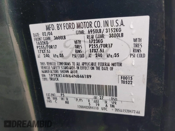 2004 Ford F-150 STX with VIN 1FTRX14W64NB46189, listed as a IAAI auction lot 42346008 with 210,072 mi miles and . Bid and sale history available at DreamBid. Image 9.
