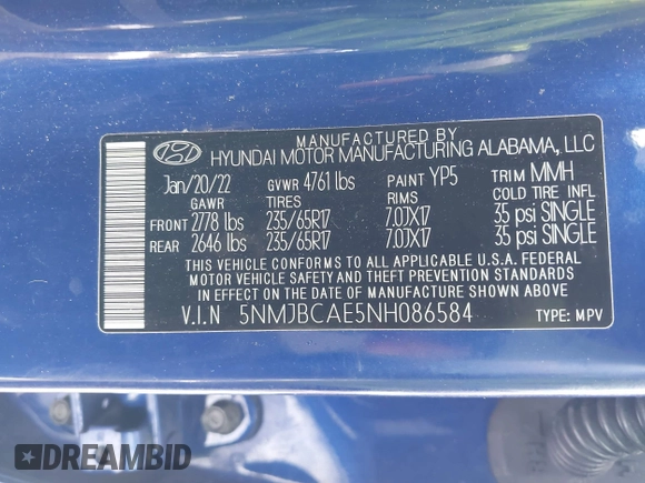 2022 Hyundai Tucson SEL with VIN 5NMJBCAE5NH086584, listed as a IAAI auction lot 41976975 with 22,011 mi miles. Bid and sale history available at carsss.com. Image 9.
