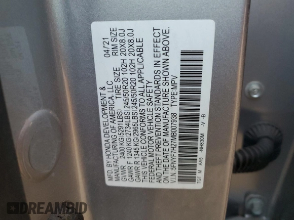 2021 Honda Passport Sport с VIN 5FNYF7H27MB007938, выставлен на аукционе Copart как лот 74926504 с пробегом 61 562 миль миль и Списание • Salvage title. История ставок и продаж доступна на DreamBid. Изображение 13.