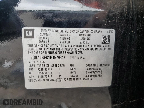 2017 Chevrolet Equinox LS z VIN 2GNALBEK1H1579847, wystawiony jako Copart lot #57175295 z przebiegiem 170 905 mil mil oraz Szkoda całkowita • Salvage title. Historia ofert i sprzedaży dostępna na DreamBid. Obrazek 13.