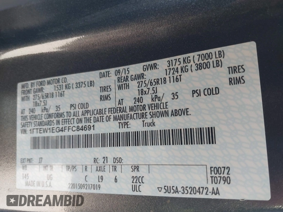 2015 Ford F-150 XLT with VIN 1FTEW1EG4FFC84691, listed as a IAAI auction lot 41651229 with 144,784 mi miles. Bid and sale history available at carsss.com. Image 9.