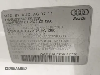2012 Audi Q5 3.2L Premium Plus with VIN WA1DKAFP0CA012776, listed as a IAAI auction lot 41659580 with 273,447 mi miles. Bid and sale history available at carsss.com. Image 9.