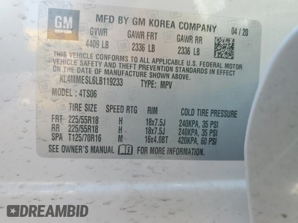 2020 Buick Encore GX Select with VIN KL4MMESL6LB119233, listed as a Copart auction lot 60217445 with 58,525 mi miles and Salvage title. Bid and sale history available at DreamBid. Image 12.