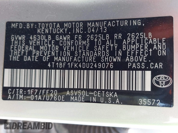 2013 Toyota Camry L with VIN 4T1BF1FK4DU249076, listed as a IAAI auction lot 42008768 with 85,030 mi miles. Bid and sale history available at carsss.com. Image 9.