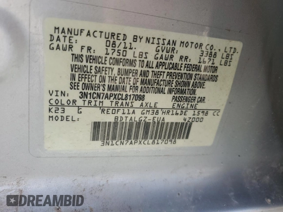 2012 Nissan Versa SL with VIN 3N1CN7APXCL817098, listed as a Copart auction lot 51146765 with 146,033 mi miles and Salvage Title. Bid and sale history available at carsss.com. Image 14.