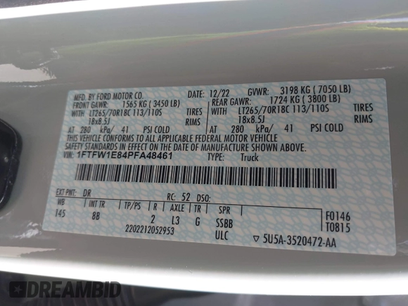 2023 Ford F-150 XL with VIN 1FTFW1E84PFA48461, listed as a IAAI auction lot 42096361 with 52,354 mi miles and . Bid and sale history available at DreamBid. Image 9.