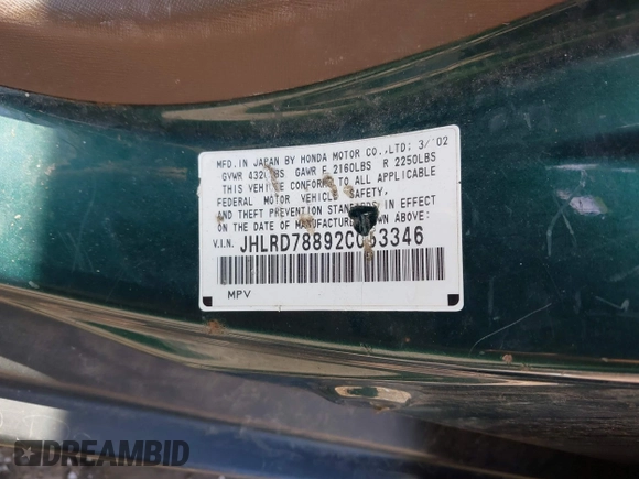 2002 Honda CR-V EX с VIN JHLRD78892C053346, выставлен на аукционе IAAI как лот 42447196 с пробегом 192 602 миль миль и . История ставок и продаж доступна на DreamBid. Изображение 9.