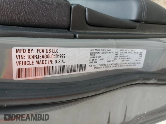 2020 Jeep Grand Cherokee Laredo E with VIN 1C4RJEAG0LC404979, listed as a Copart auction lot 81999474 with 57,328 mi miles and Salvage title. Bid and sale history available at DreamBid. Image 16.