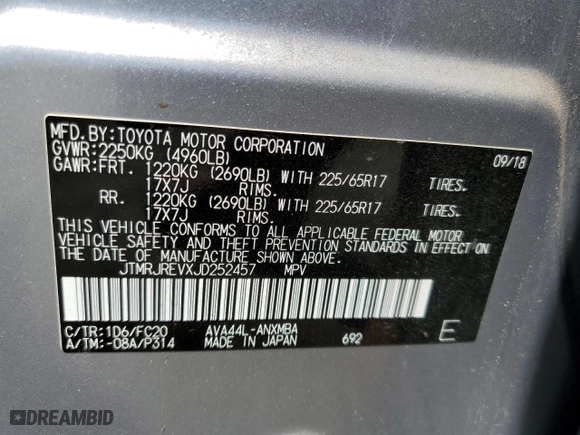2018 Toyota RAV4 Hybrid LE Plus with VIN JTMRJREVXJD252457, listed as a Copart auction lot 43460395 with 47,159 mi miles and Salvage Title. Bid and sale history available at carsss.com. Image 13.