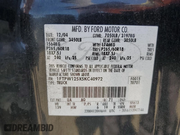 2005 Ford F-150 XLT z VIN 1FTPW125X5KC40972, wystawiony jako Copart lot #61312075 z przebiegiem 175 128 mil mil oraz Czysty tytuł • Clean title. Historia ofert i sprzedaży dostępna na DreamBid. Obrazek 12.