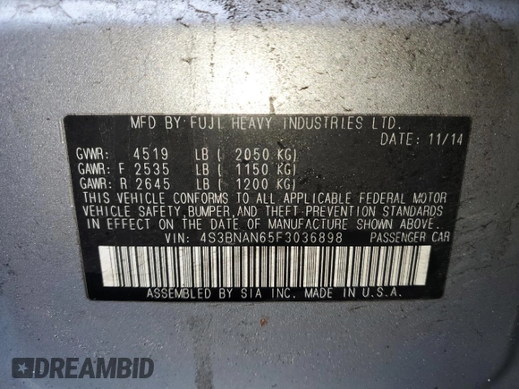 2015 Subaru Legacy 2.5i Limited with VIN 4S3BNAN65F3036898, listed as a Copart auction lot 41088864 with 210,797 mi miles. Bid and sale history available at carsss.com. Image 12.