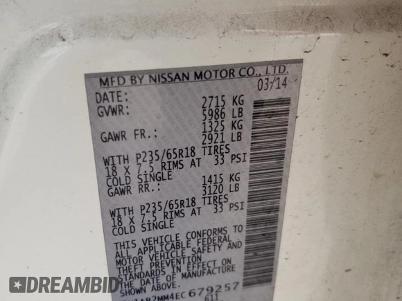 2014 Nissan Pathfinder S z VIN 5N1AR2MM4EC679257, wystawiony jako Copart lot #50843915 z przebiegiem 157 435 mil mil oraz Czysty tytuł • Clean title. Historia ofert i sprzedaży dostępna na DreamBid. Obrazek 13.