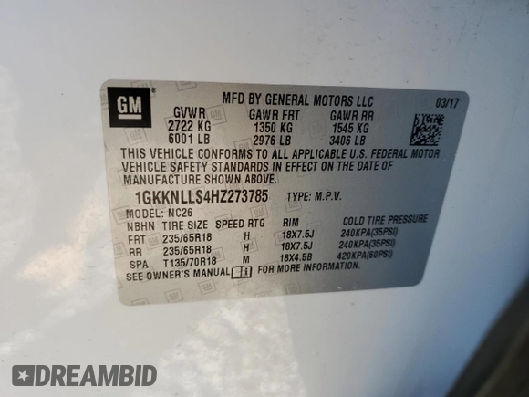 2017 GMC Acadia SLE with VIN 1GKKNLLS4HZ273785, listed as a Copart auction lot 49035755 with 105,318 mi miles and Salvage Title. Bid and sale history available at carsss.com. Image 14.