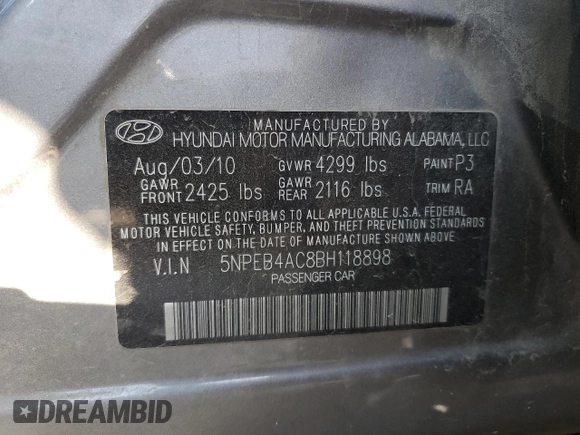 2011 Hyundai Sonata GLS with VIN 5NPEB4AC8BH118898, listed as a Copart auction lot 53294765 with 161,425 mi miles and Salvage Title. Bid and sale history available at DreamBid. Image 12.