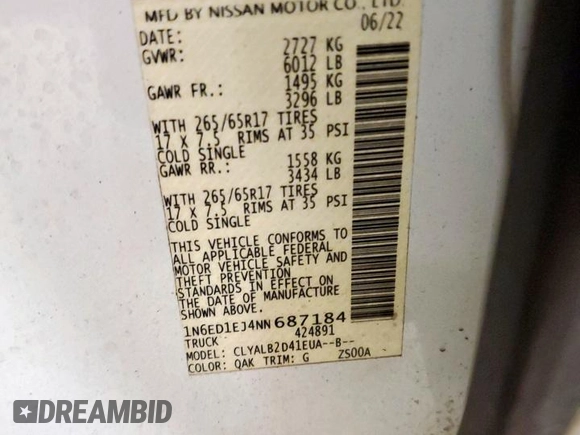 2022 Nissan Frontier SV with VIN 1N6ED1EJ4NN687184, listed as a Copart auction lot 56701345 with 29,003 mi miles and Salvage title. Bid and sale history available at DreamBid. Image 12.
