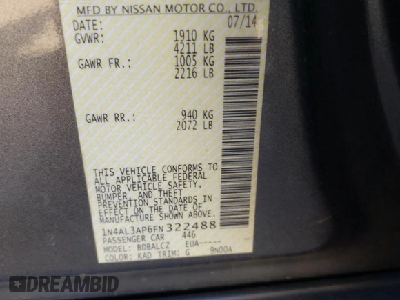 2015 Nissan Altima SL z VIN 1N4AL3AP6FN322488, wystawiony jako Copart lot #50291905 z przebiegiem 134 698 mil mil oraz Szkoda całkowita • Salvage title. Historia ofert i sprzedaży dostępna na DreamBid. Obrazek 12.