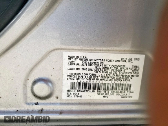 2015 Mitsubishi Outlander GT z VIN 4A4AP4AW2FE045214, wystawiony jako Copart lot #62014515 z przebiegiem 92 633 mil mil oraz Szkoda całkowita • Salvage title. Historia ofert i sprzedaży dostępna na DreamBid. Obrazek 13.
