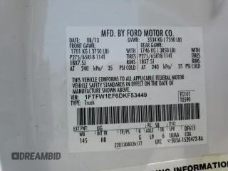 2013 Ford F-150 XL with VIN 1FTFW1EF6DKF53449, listed as a Copart auction lot 59697185 with 166,302 mi miles and Salvage title. Bid and sale history available at DreamBid. Image 12.