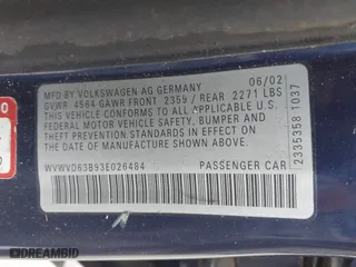 2003 Volkswagen Passat GLS with VIN WVWVD63B93E026484, listed as a IAAI auction lot 41071543 with 172,538 mi miles. Bid and sale history available at carsss.com. Image 9.
