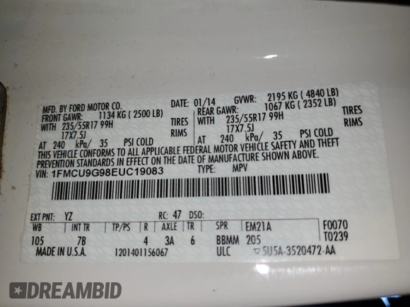 2014 Ford Escape SE with VIN 1FMCU9G98EUC19083, listed as a Copart auction lot 63421915 with 108,042 mi miles and Clean title. Bid and sale history available at DreamBid. Image 13.
