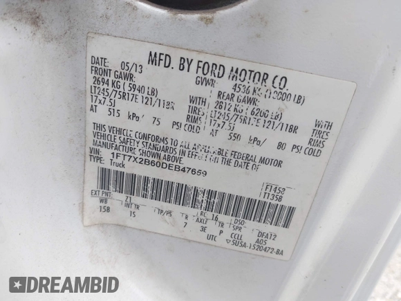 2013 Ford F-250 XL with VIN 1FT7X2B60DEB47659, listed as a IAAI auction lot 41517499 with 322,091 mi miles and . Bid and sale history available at DreamBid. Image 9.