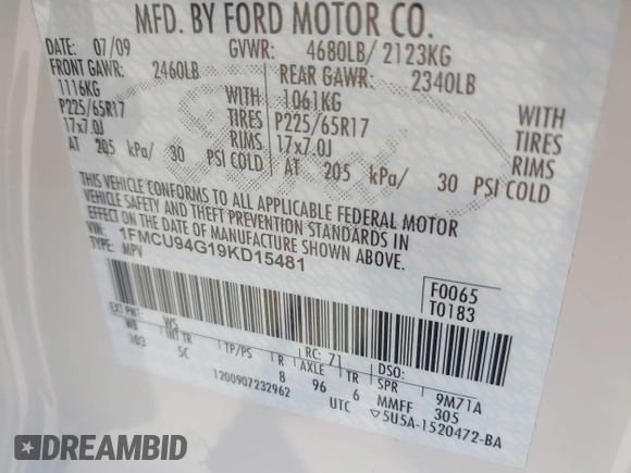 2009 Ford Escape Limited с VIN 1FMCU94G19KD15481, выставлен на аукционе IAAI как лот 42276588 с пробегом 159 154 миль миль и . История ставок и продаж доступна на DreamBid. Изображение 9.