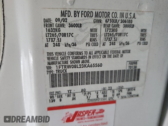 2003 Ford F-150 XLT with VIN 1FTRW08L23KA65560, listed as a Copart auction lot 61349145 with 207,887 mi miles and Salvage title. Bid and sale history available at DreamBid. Image 13.