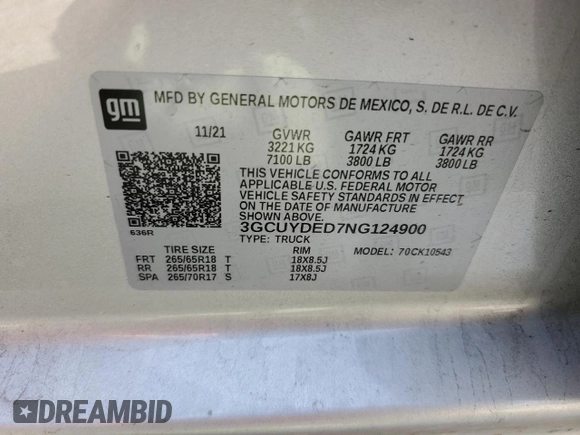 2022 Chevrolet Silverado 1500 LT with VIN 3GCUYDED7NG124900, listed as a Copart auction lot 52002995 with 57,249 mi miles and Salvage Title. Bid and sale history available at DreamBid. Image 13.