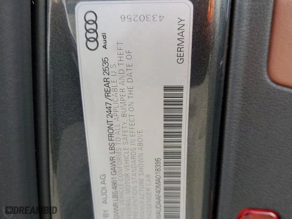 2021 Audi A4 Sedan S line Premium with VIN WAUDAAF40MA018395, listed as a Copart auction lot 66993332 with 15,495 mi miles. Bid and sale history available at carsss.com. Image 12.