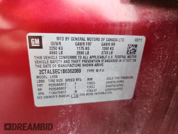 2011 GMC Terrain SLE-2 with VIN 2CTALSEC1B6362069, listed as a Copart auction lot 63506725 with 121,788 mi miles and Clean title. Bid and sale history available at DreamBid. Image 12.
