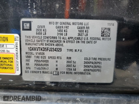 2015 GMC Acadia Denali with VIN 1GKKVTKD5FJ234329, listed as a Copart auction lot 53916065 with 109,903 mi miles and Salvage Title. Bid and sale history available at DreamBid. Image 13.