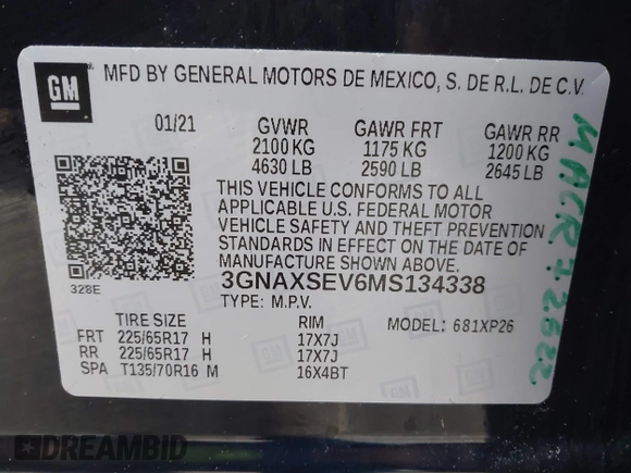 2021 Chevrolet Equinox LS z VIN 3GNAXSEV6MS134338, wystawiony jako IAAI lot #42184392 z przebiegiem 59 450 mil mil oraz . Historia ofert i sprzedaży dostępna na DreamBid. Obrazek 9.