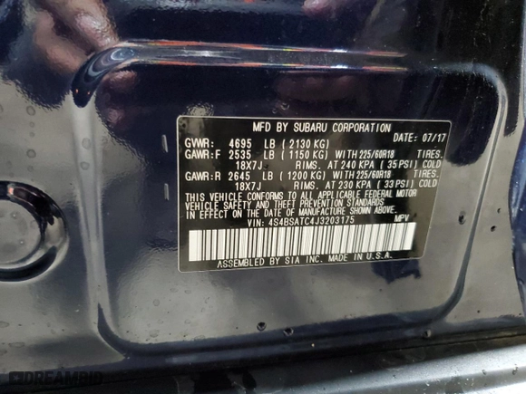 2018 Subaru Outback Touring with VIN 4S4BSATC4J3203175, listed as a Copart auction lot 49438015 with 36,089 mi miles and Salvage Title. Bid and sale history available at carsss.com. Image 15.