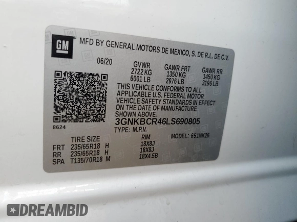 2020 Chevrolet Blazer LT with VIN 3GNKBCR46LS690805, listed as a Copart auction lot 56570235 with 52,451 mi miles and Salvage title. Bid and sale history available at DreamBid. Image 12.