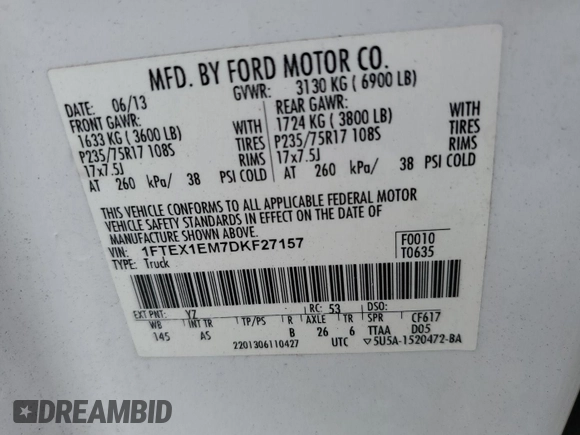2013 Ford F-150 XL z VIN 1FTEX1EM7DKF27157, wystawiony jako IAAI lot #42786348 z przebiegiem 157 918 mil mil oraz . Historia ofert i sprzedaży dostępna na DreamBid. Obrazek 12.