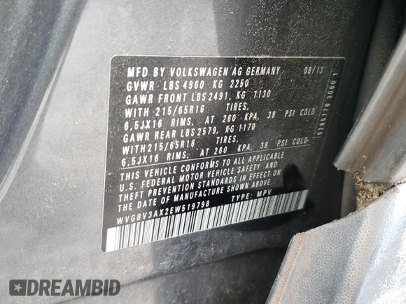2014 Volkswagen Tiguan S z VIN WVGBV3AX2EW519798, wystawiony jako Copart lot #60316895 z przebiegiem 182 002 mil mil oraz Czysty tytuł • Clean title. Historia ofert i sprzedaży dostępna na DreamBid. Obrazek 13.